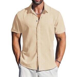 Linen Shirts for Men Short Sleeve Linen Shirts Casual Button Down Shirts Summer